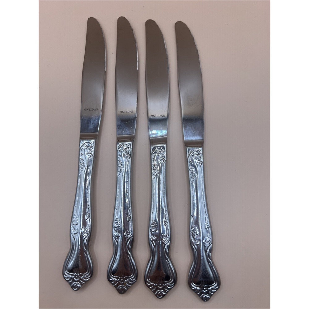 Oneida AZALEA Stainless Floral Glossy Dinner Knives Solid Handle 9.25" Set Of 4
